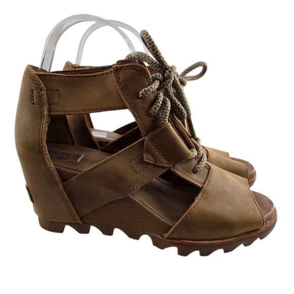 Sorel Sandals Womens 7.5 Joanie Tan Leather Wedge Heel Lace Up Open Toe Bohemian - Picture 1 of 10
